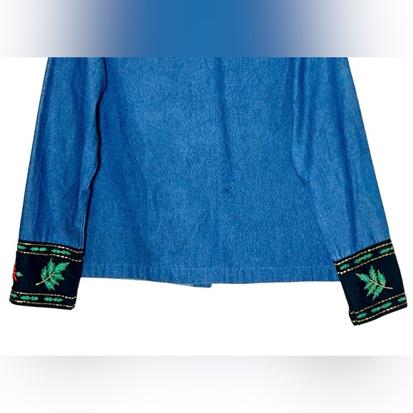 Blair Denim Button Down Shirt Jacket with Poinsettia Holiday Embroidery, Medium - Picture 6 of 12
